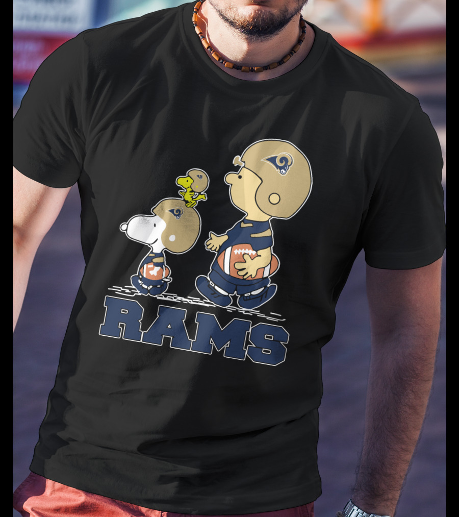 Snoopy And Woodstock With Los Angeles Rams Helmets And Football T-Shirt