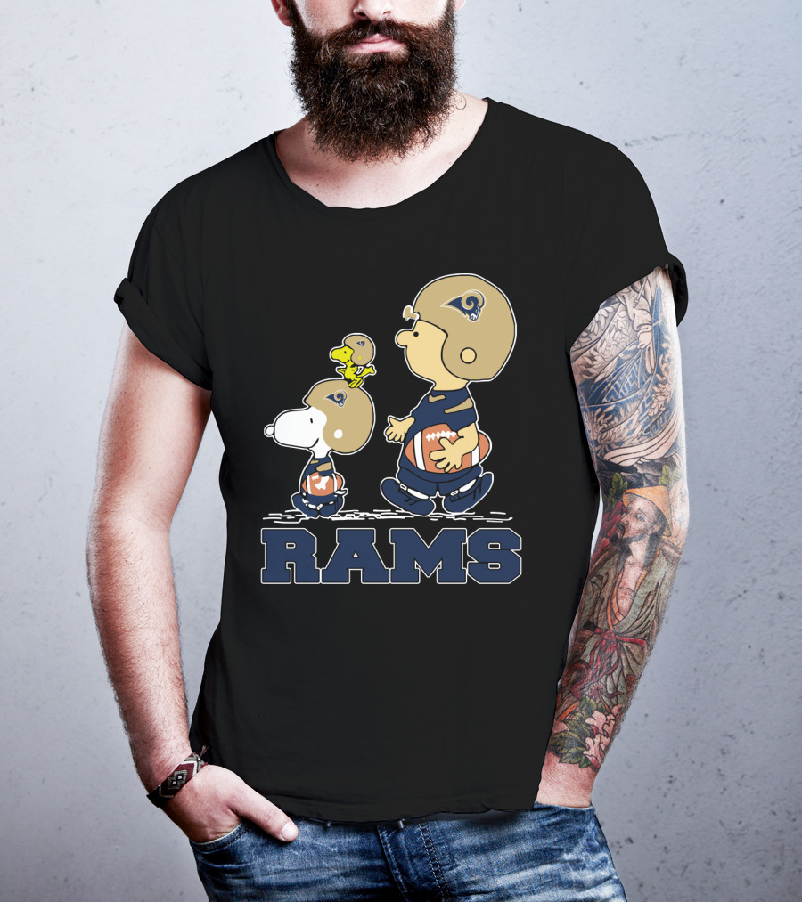 Snoopy And Woodstock With Los Angeles Rams Helmets And Football T-Shirt