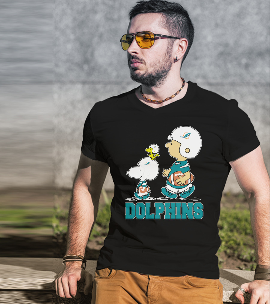Snoopy Woodstock Miami Dolphins Football Fans Cartoon Helmets T-Shirt
