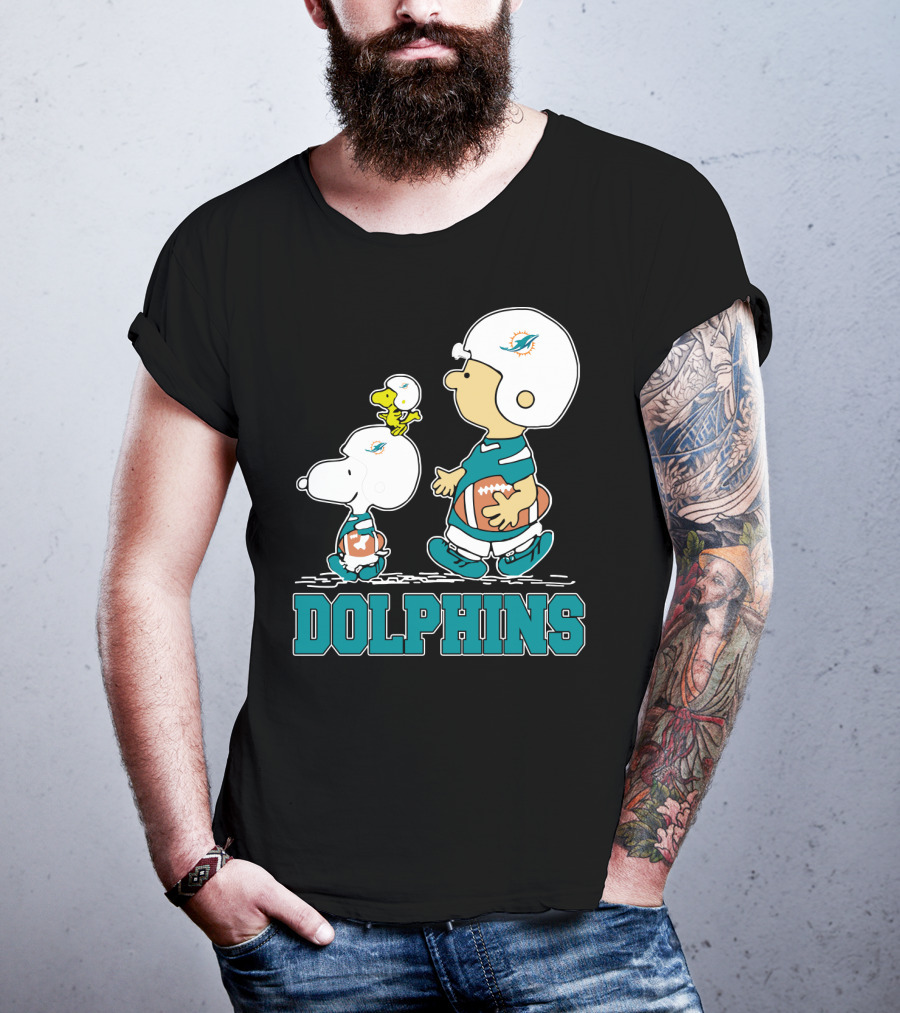 Snoopy Woodstock Miami Dolphins Football Fans Cartoon Helmets T-Shirt