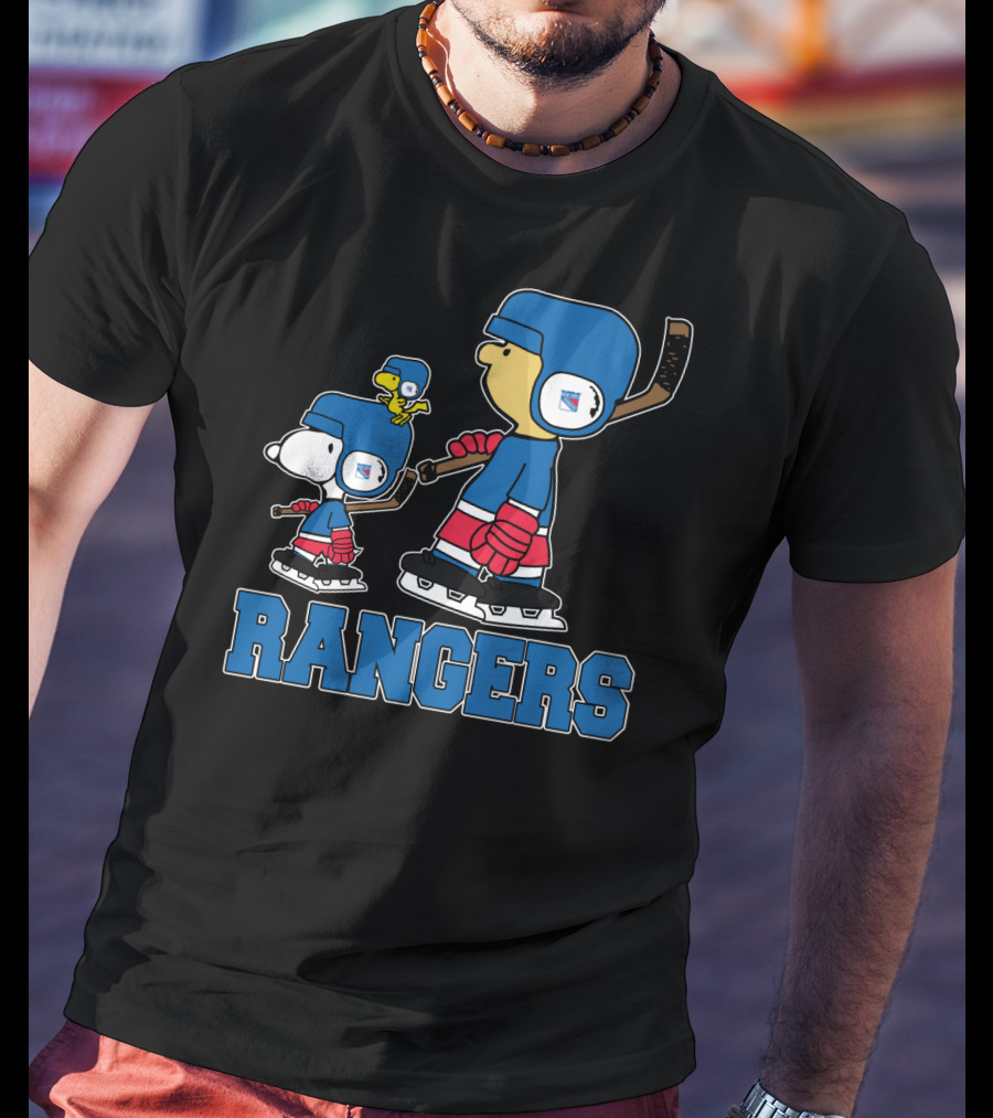 Snoopy And New York Rangers Fans Rangers Ice Hockey Skating With Woodstock And Friend T-Shirt