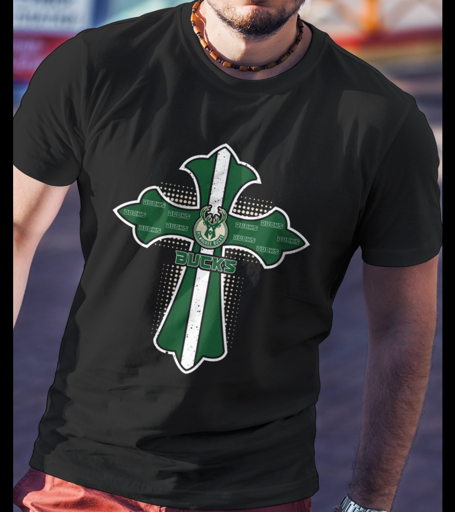 Bucks Fans Green Cross With Milwaukee Bucks T-Shirt
