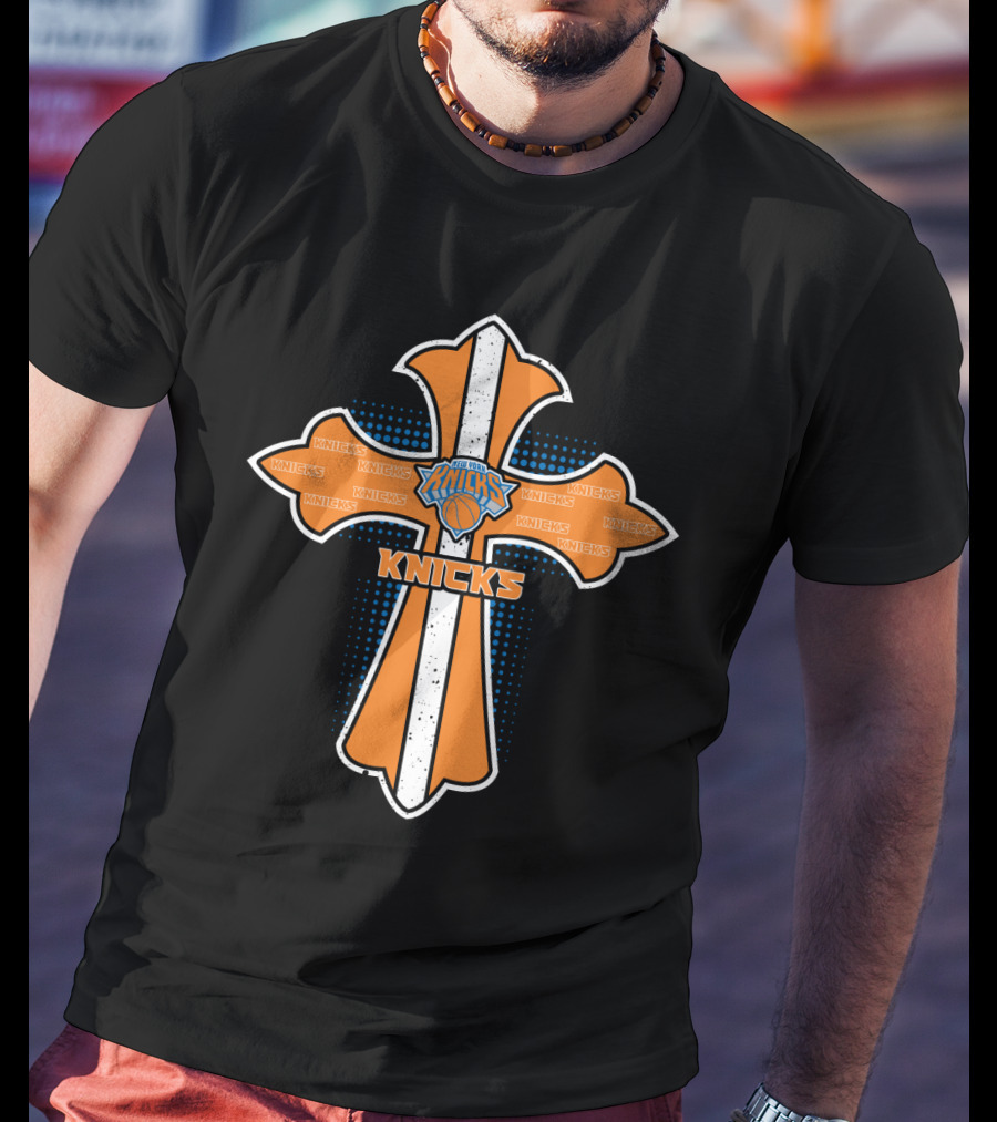 Cross Emblem Featuring Knicks And Jesus Basketball Theme T-Shirt