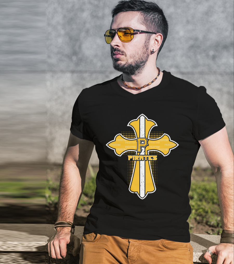 Cross With Pittsburgh Pirates Logo And Text Highlighting Faith And Fandom T-Shirt