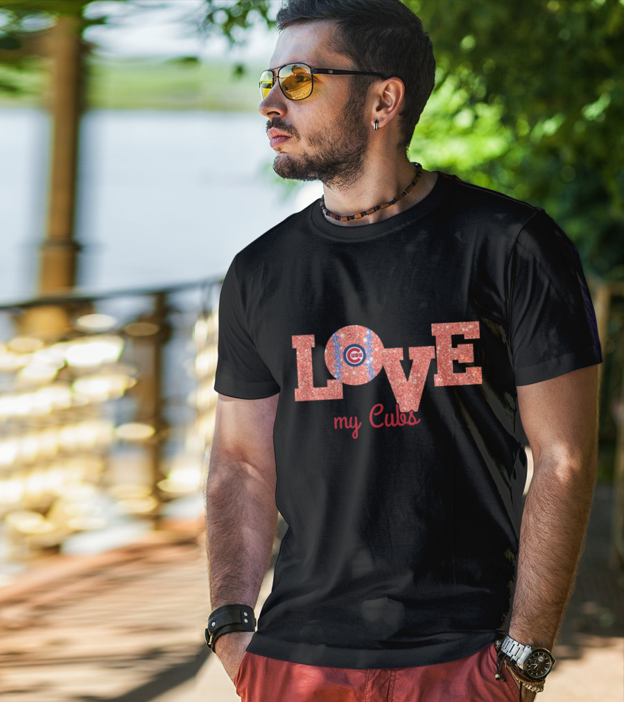 Sparkling Love My Cubs Chicago Cubs Fans Glitter Text T-Shirt