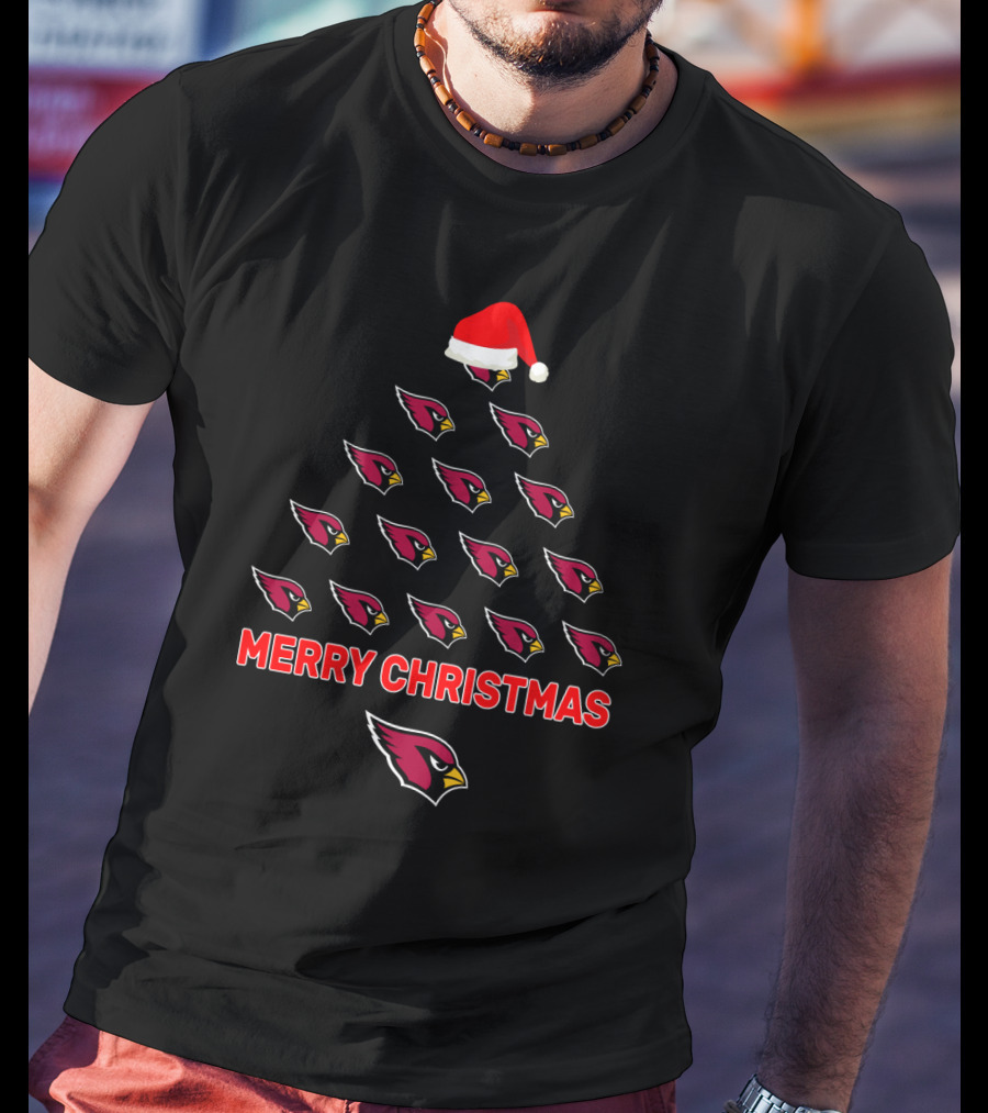 Merry Christmas Arizona Cardinals Tree With Santa Hat T-Shirt