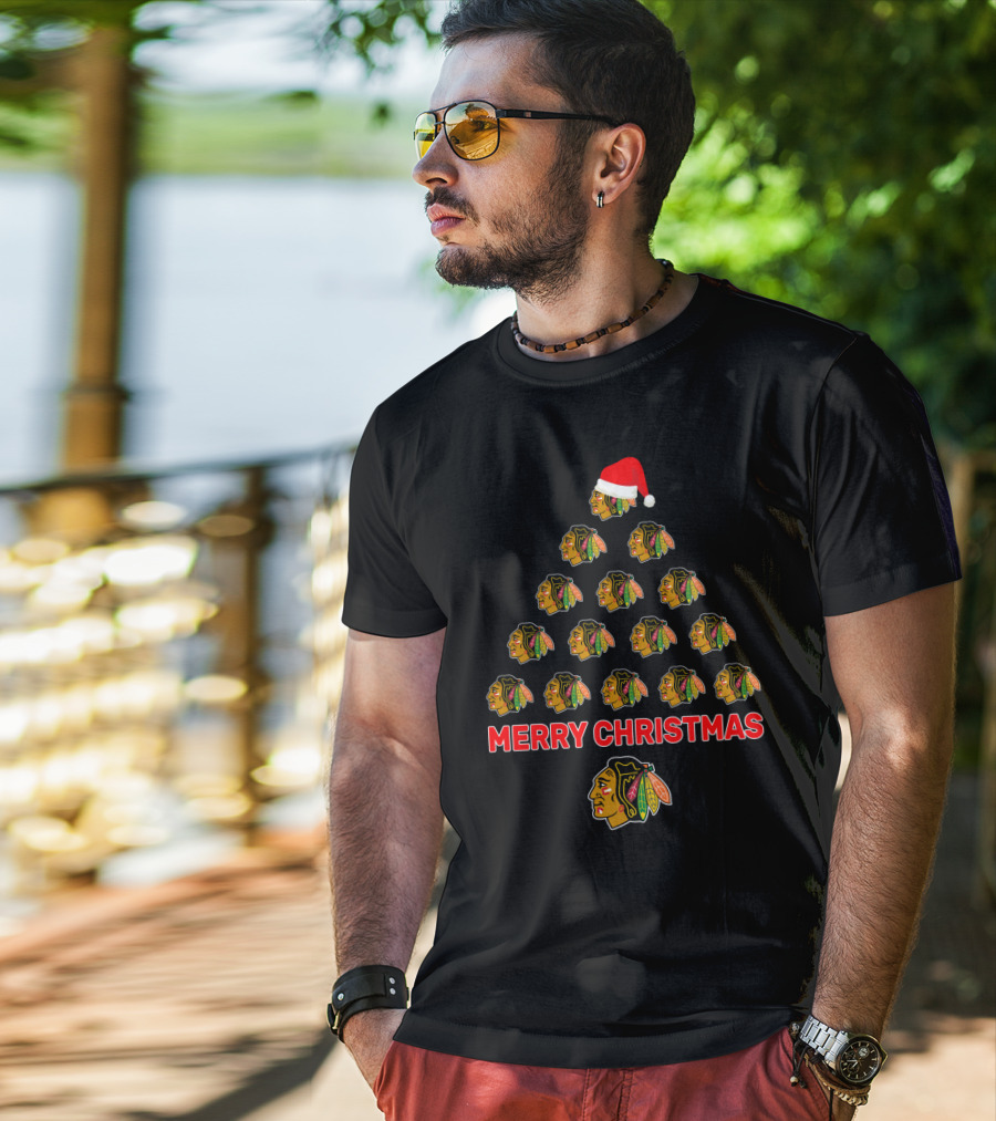Merry Christmas Tree With Chicago Blackhawks Logos And Santa Hat T-Shirt