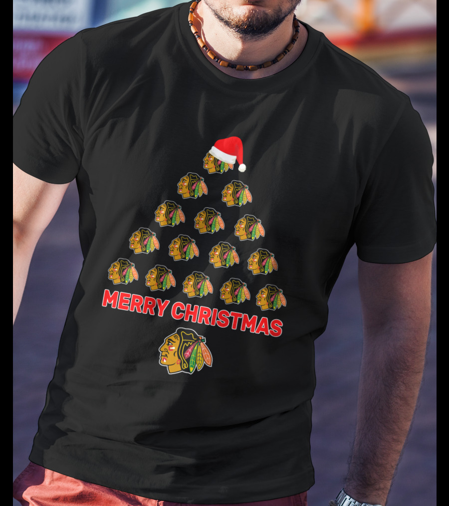 Merry Christmas Tree With Chicago Blackhawks Logos And Santa Hat T-Shirt