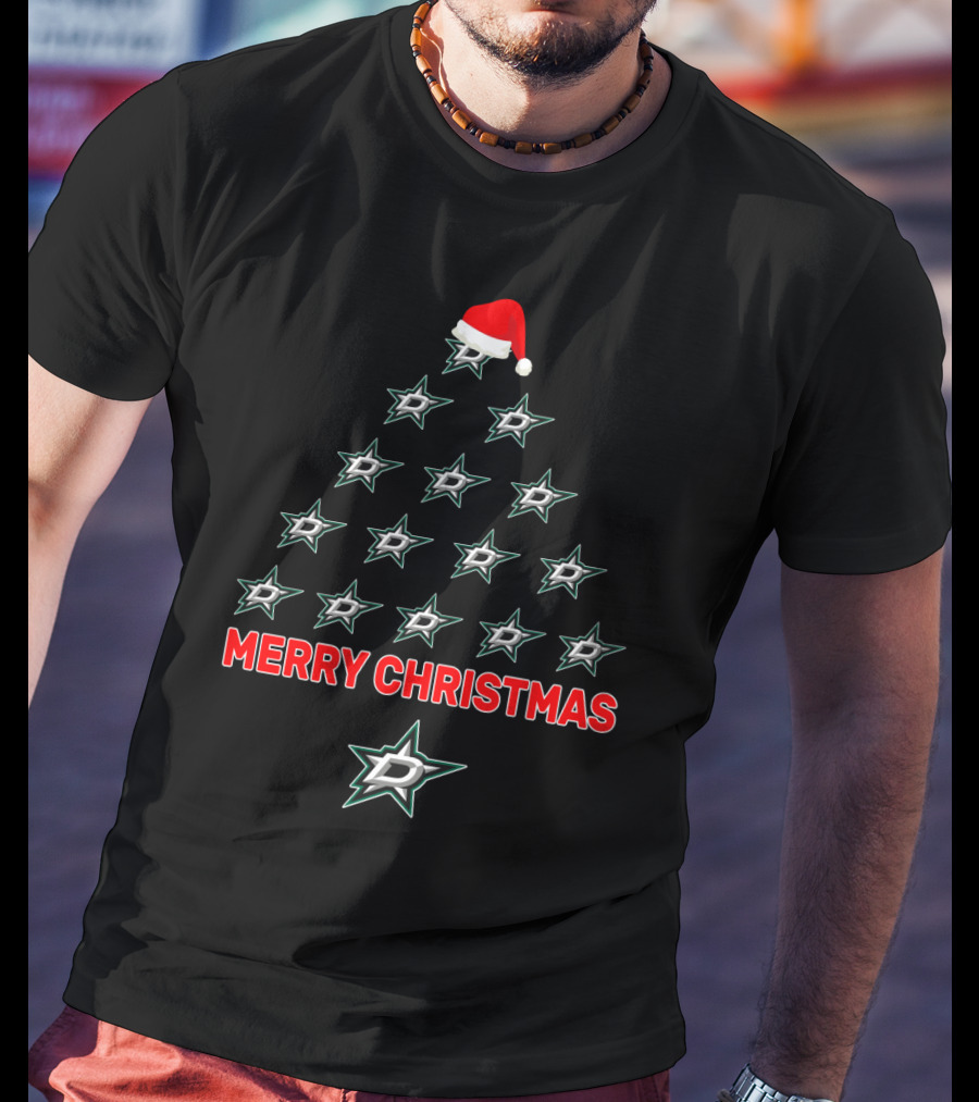 Merry Christmas Dallas Stars Tree With Santa Hat T-Shirt