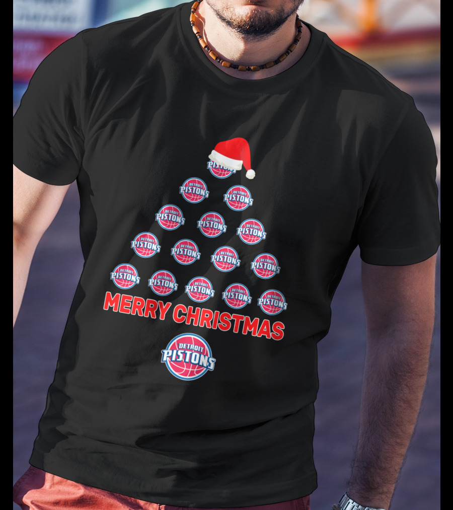 Merry Christmas Detroit Pistons Basketball Tree With Santa Hat T-Shirt
