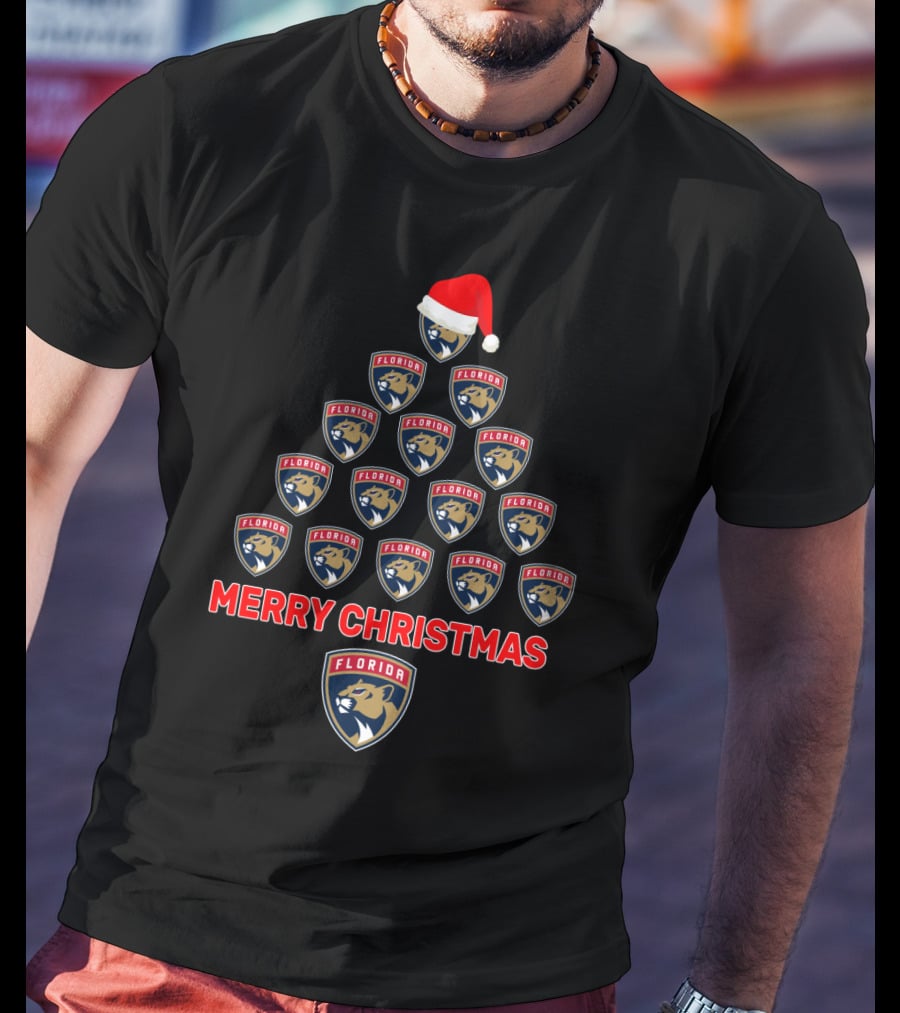 Merry Christmas Florida Panthers Tree With Logos And Santa Hat T-Shirt