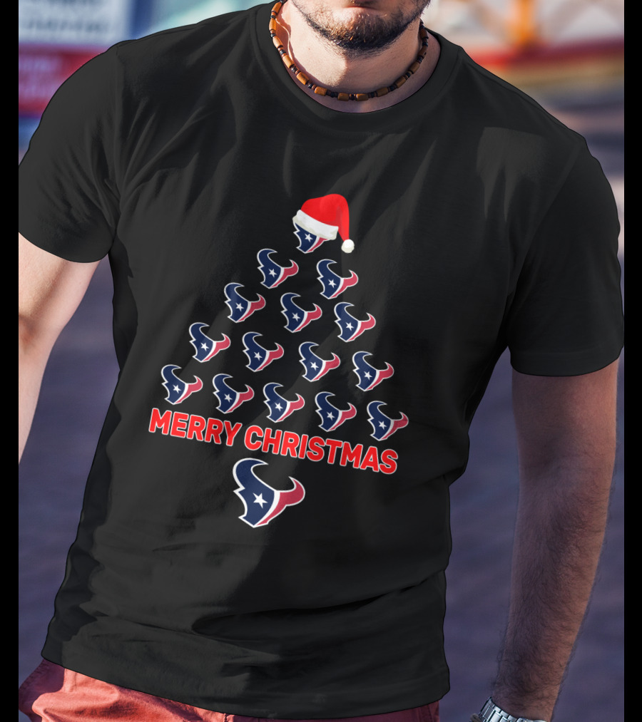 Merry Christmas Tree For Houston Texans Fans With Santa Hat T-Shirt