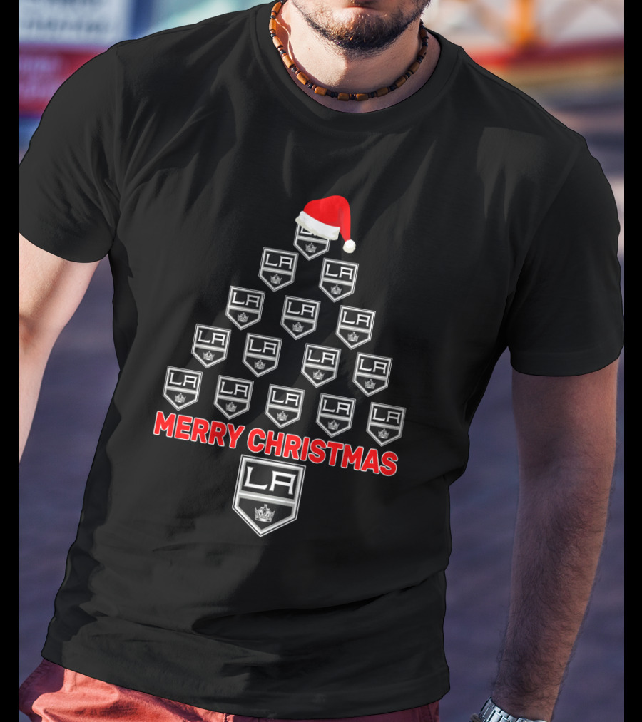 Los Angeles Kings Merry Christmas Tree With Santa Hat T-Shirt