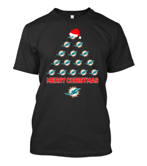 Merry Christmas Miami Dolphins Tree With Santa Hat T-Shirt