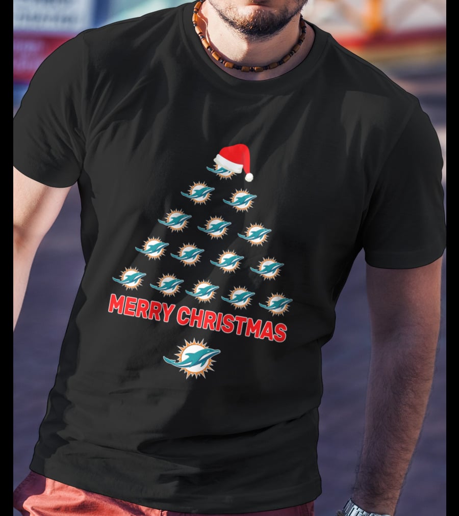 Merry Christmas Miami Dolphins Tree With Santa Hat T-Shirt