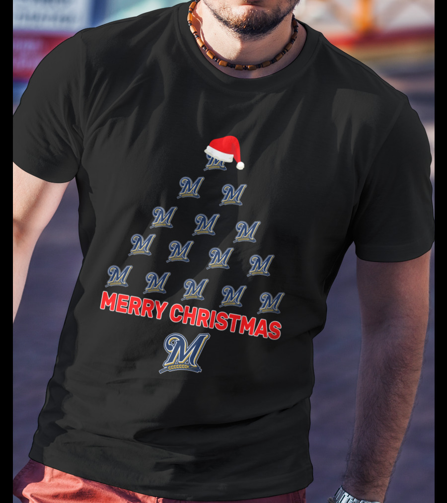 Milwaukee Brewers Merry Christmas Tree With Santa Hat T-Shirt