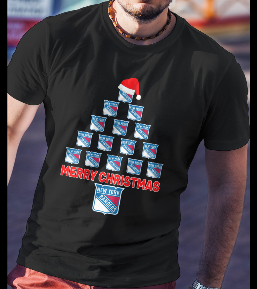 Merry Christmas New York Rangers Tree With Santa Hat T-Shirt