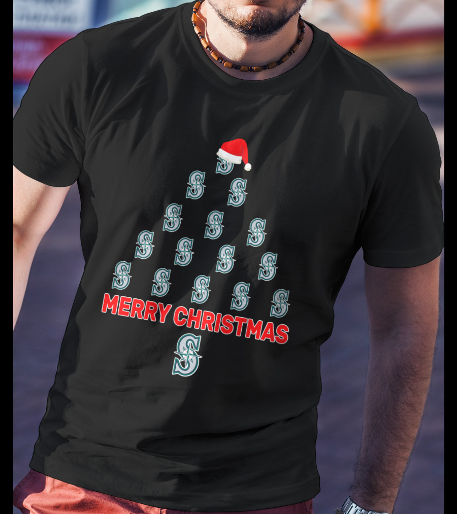 Merry Christmas Seattle Mariners Logo Tree Santa Hat T-Shirt