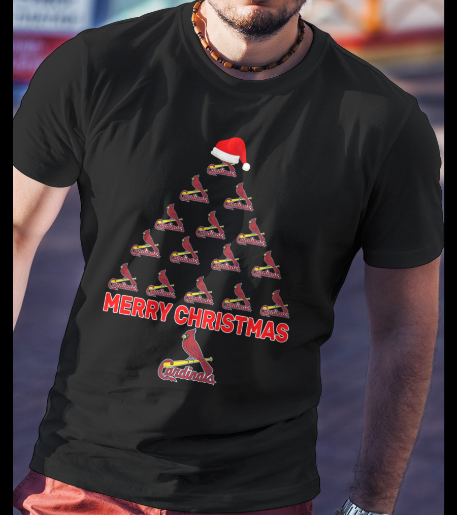 Merry Christmas Cardinals Tree With Santa Hat For St. Louis Fans T-Shirt