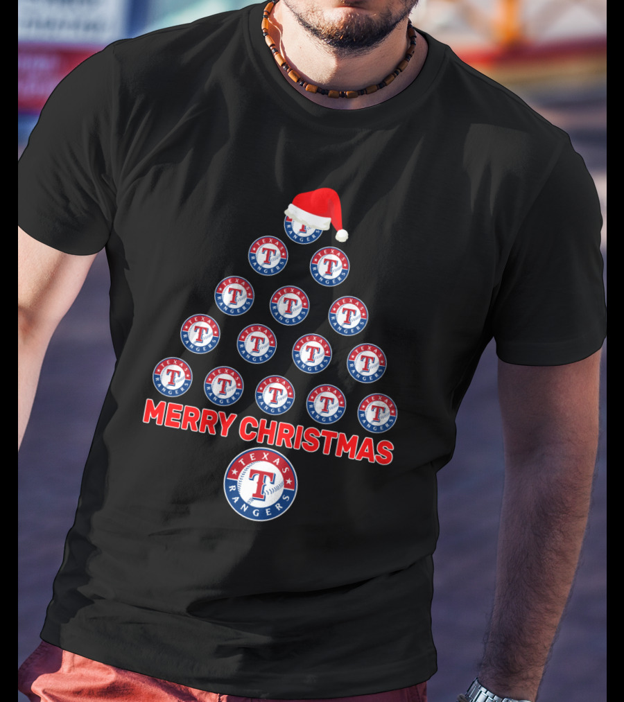 Texas Rangers Merry Christmas Tree With Santa Hat T-Shirt
