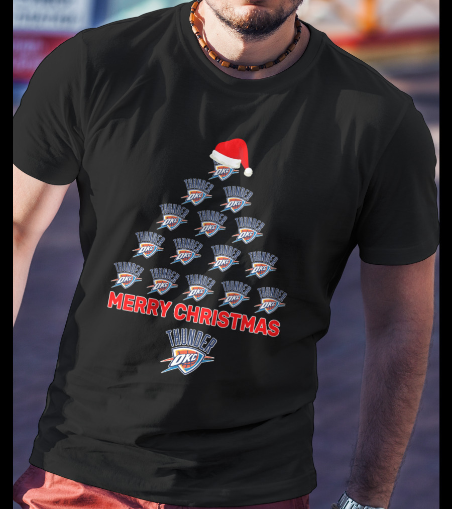 Merry Christmas Oklahoma City Thunder Logo Tree With Santa Hat T-Shirt
