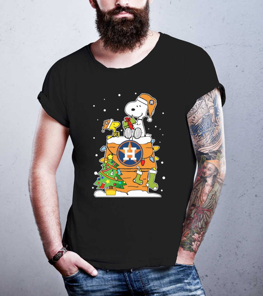 Houston Astros Snoopy Woodstock Christmas Tree Holiday Gift T-Shirt
