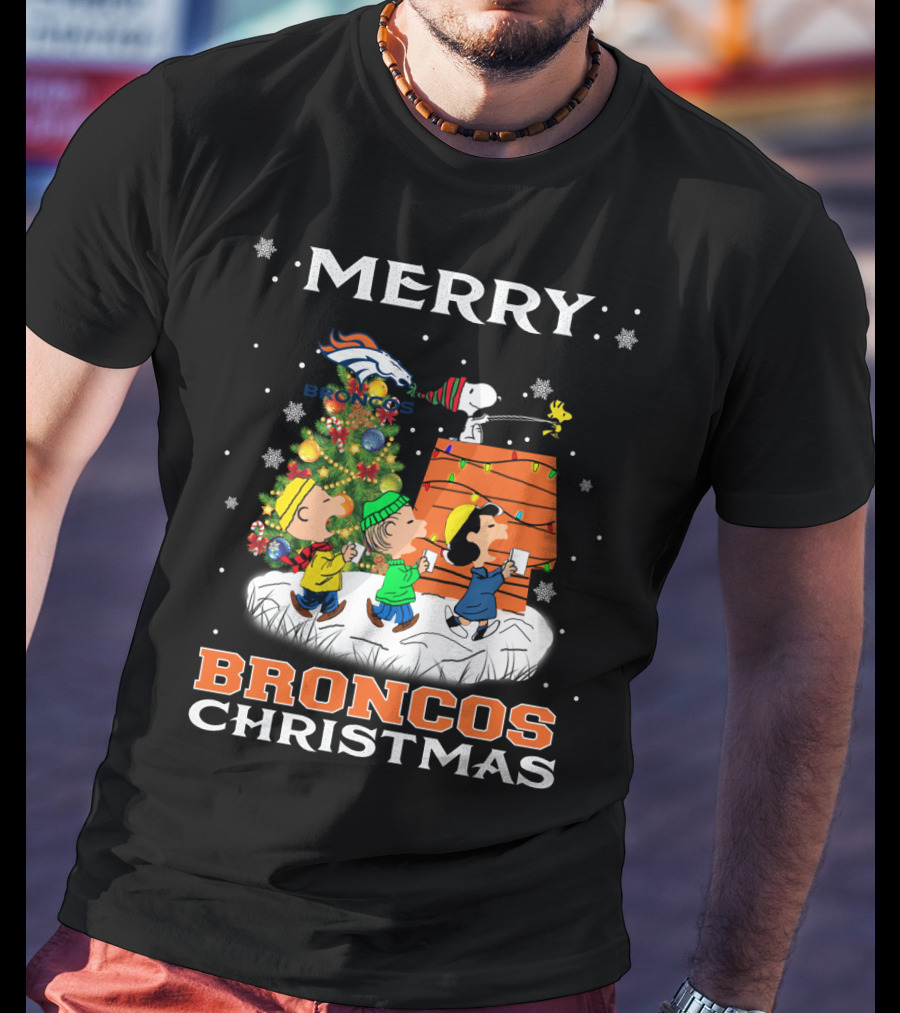 Merry Broncos Christmas Snoopy Fans Denver Christmas Tree Peanuts T-Shirt