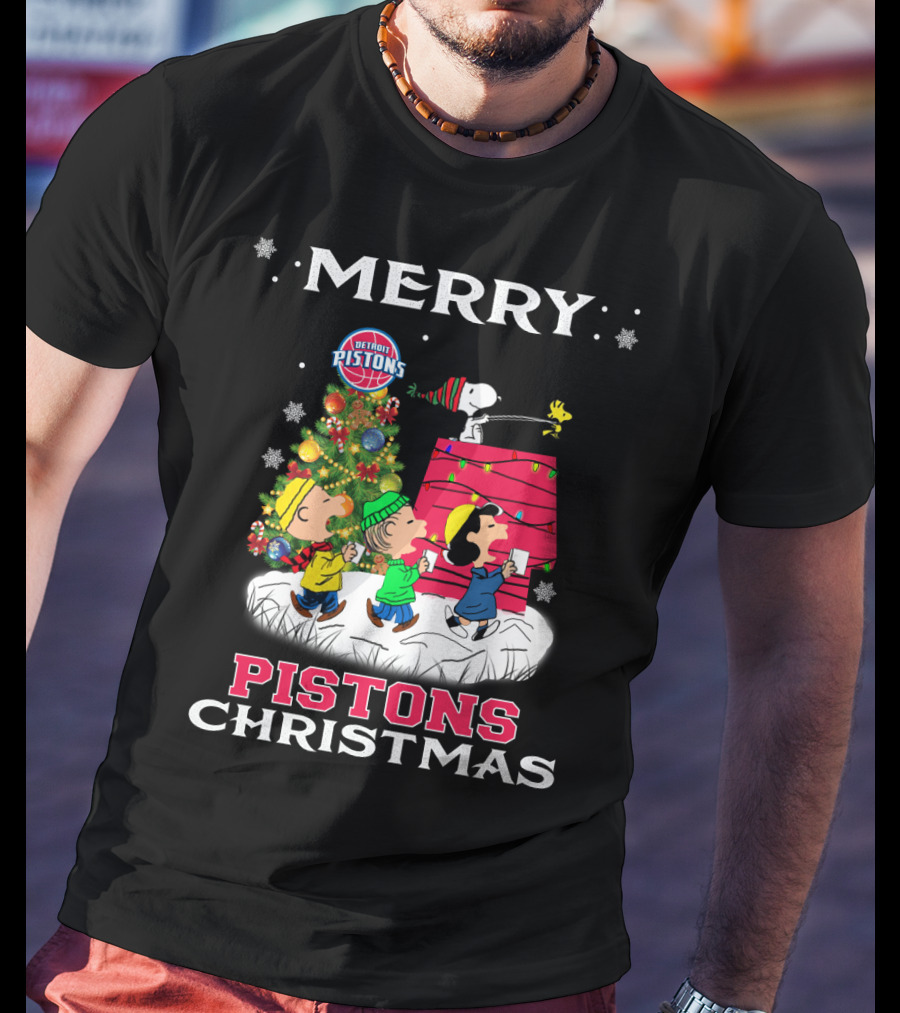 Pistons Christmas Featuring Snoopy And Friends Detroit Pistons Holiday Celebration T-Shirt