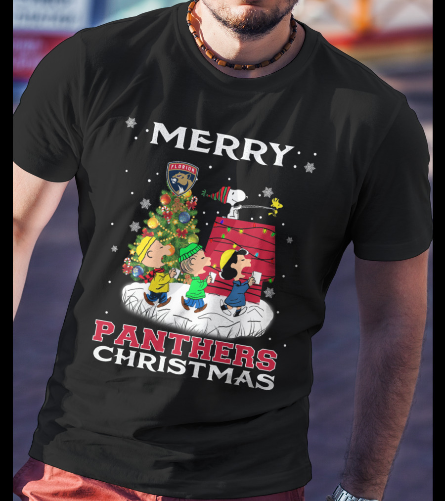 Merry Florida Panthers Christmas For Snoopy Fans With Charlie Brown And Woodstock T-Shirt