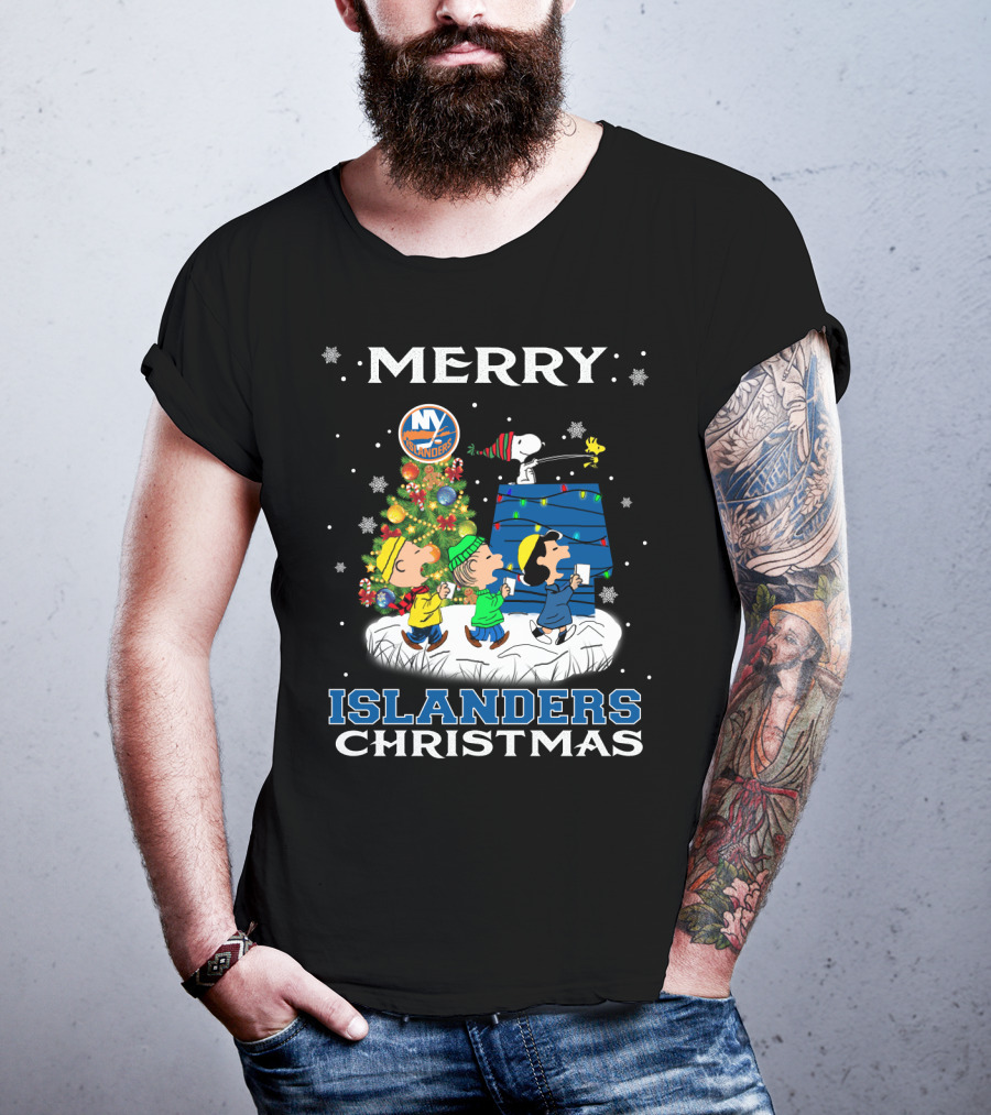 Merry Christmas New York Islanders Snoopy Fans With Peanuts Tree And Lights T-Shirt