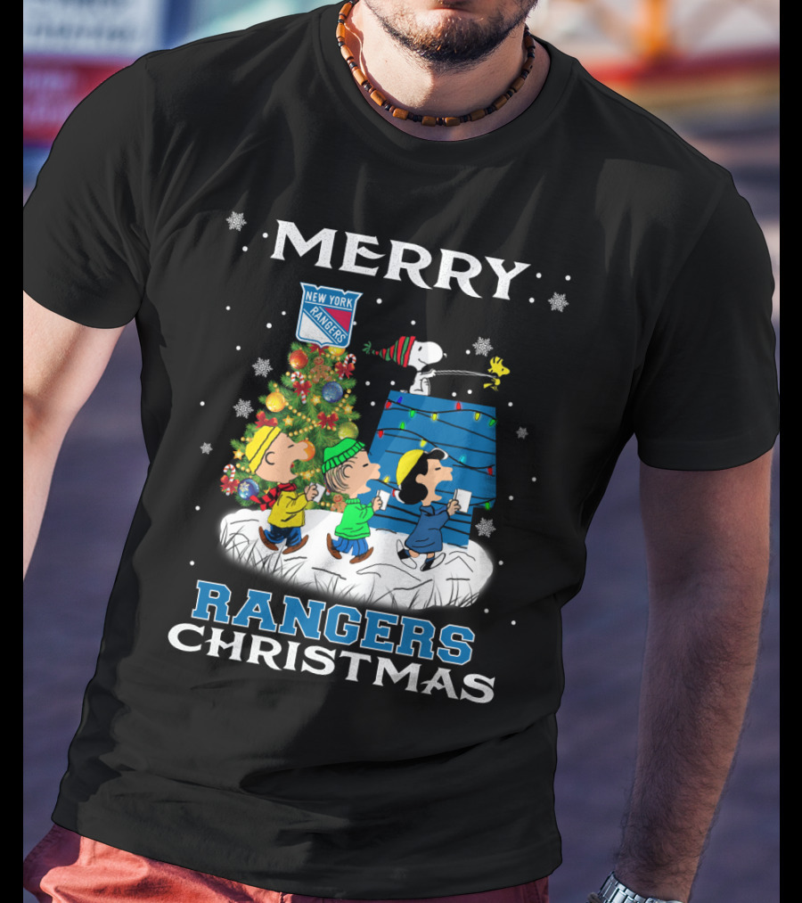 Merry New York Rangers Christmas With Snoopy And Peanuts Friends T-Shirt