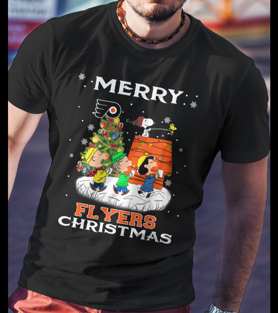 Merry Philadelphia Flyers Christmas Snoopy Tree Woodstock Lucy Charlie Brown Linus Snowflakes T-Shirt