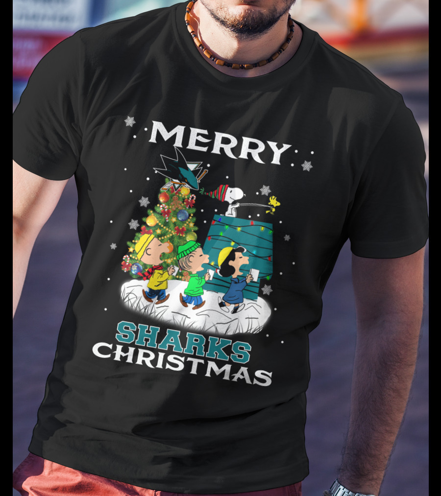 Merry San Jose Sharks Christmas With Snoopy And Peanuts Characters T-Shirt
