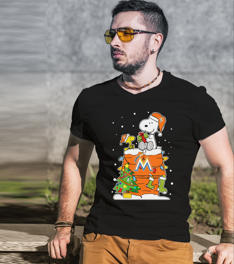 Miami Marlins Snoopy Christmas Peanuts Charlie Brown Winter Holiday T-Shirt