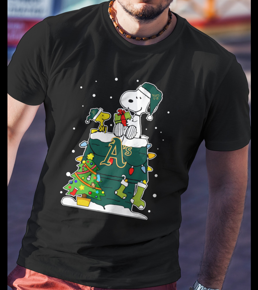 Oakland Athletics Snoopy Christmas Peanuts Holiday Gift Tree T-Shirt