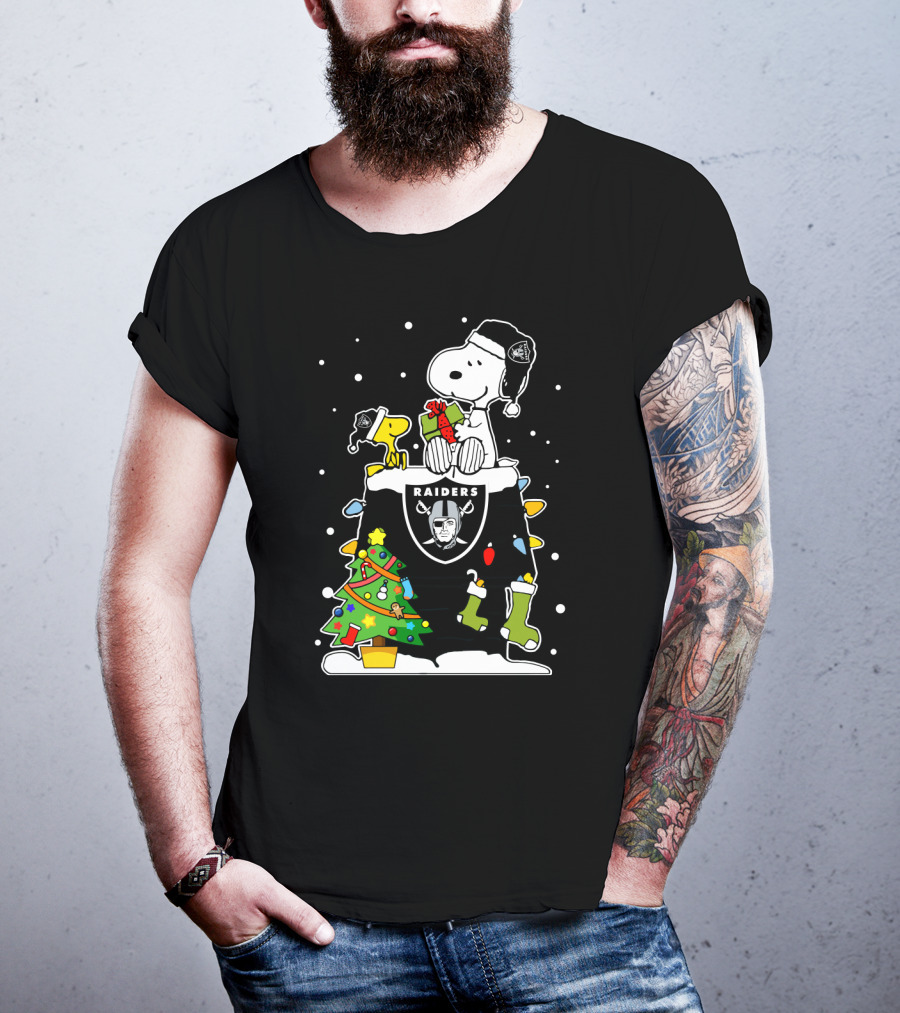 Raiders Snoopy With Christmas Tree And Woodstock T-Shirt