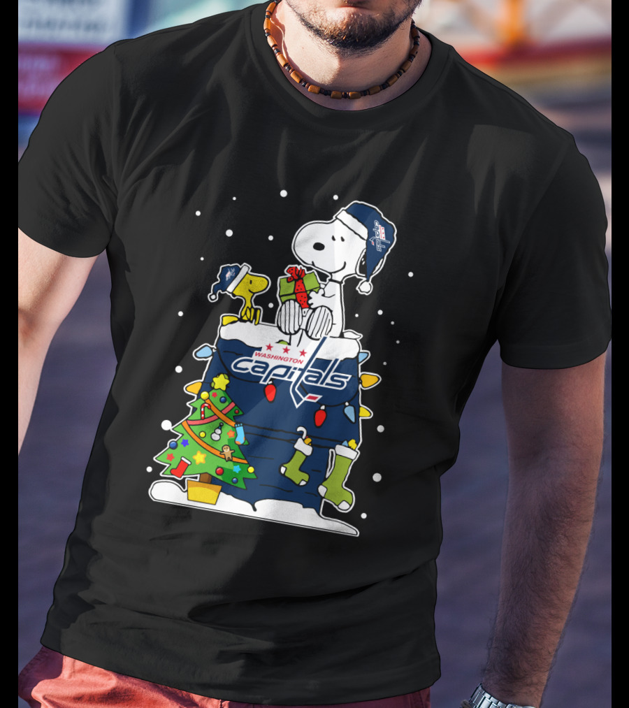 Washington Capitals Christmas Snoopy And Woodstock With Caps Beanies T-Shirt