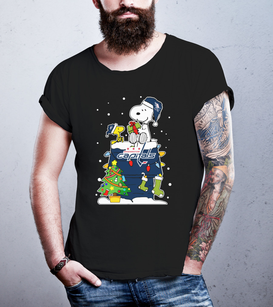 Washington Capitals Christmas Snoopy And Woodstock With Caps Beanies T-Shirt