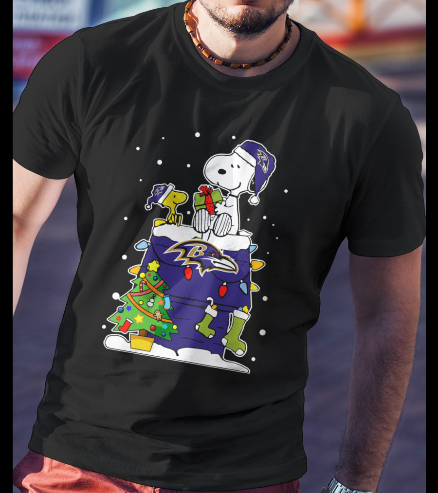 Baltimore Ravens Snoopy And Woodstock Christmas Tree Celebration T-Shirt