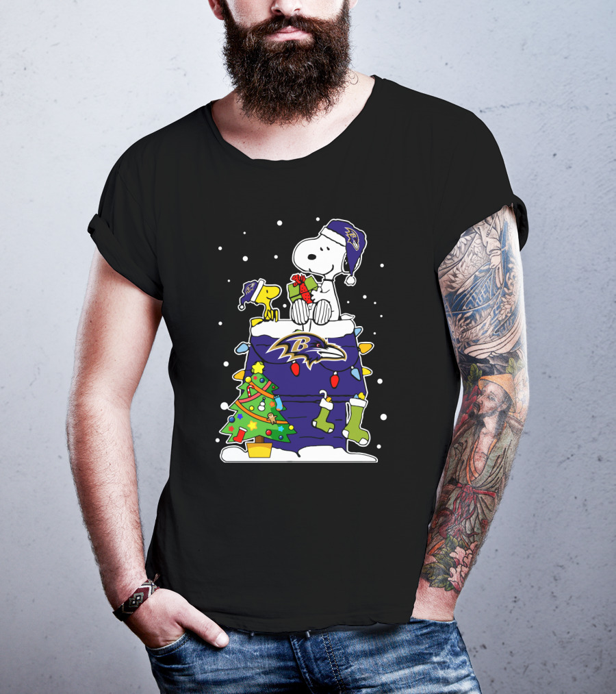 Baltimore Ravens Snoopy And Woodstock Christmas Tree Celebration T-Shirt