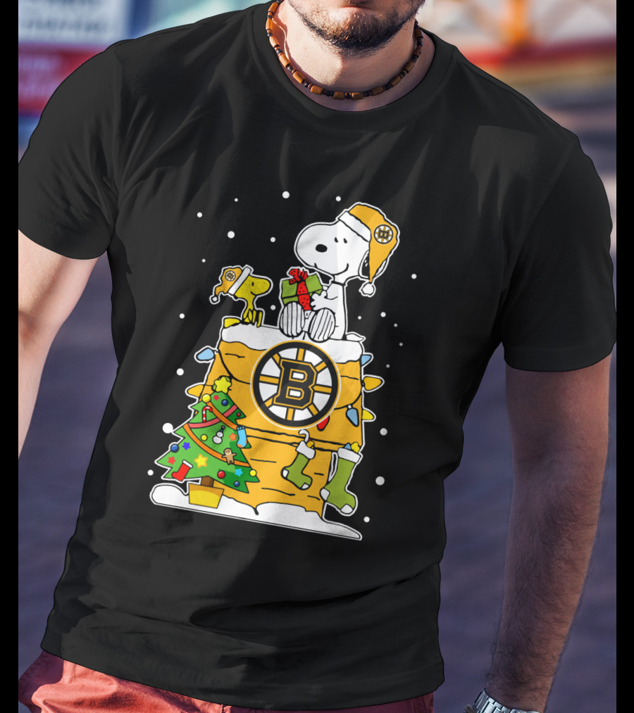Boston Bruins Christmas Snoopy And Woodstock For Peanuts Fans T-Shirt