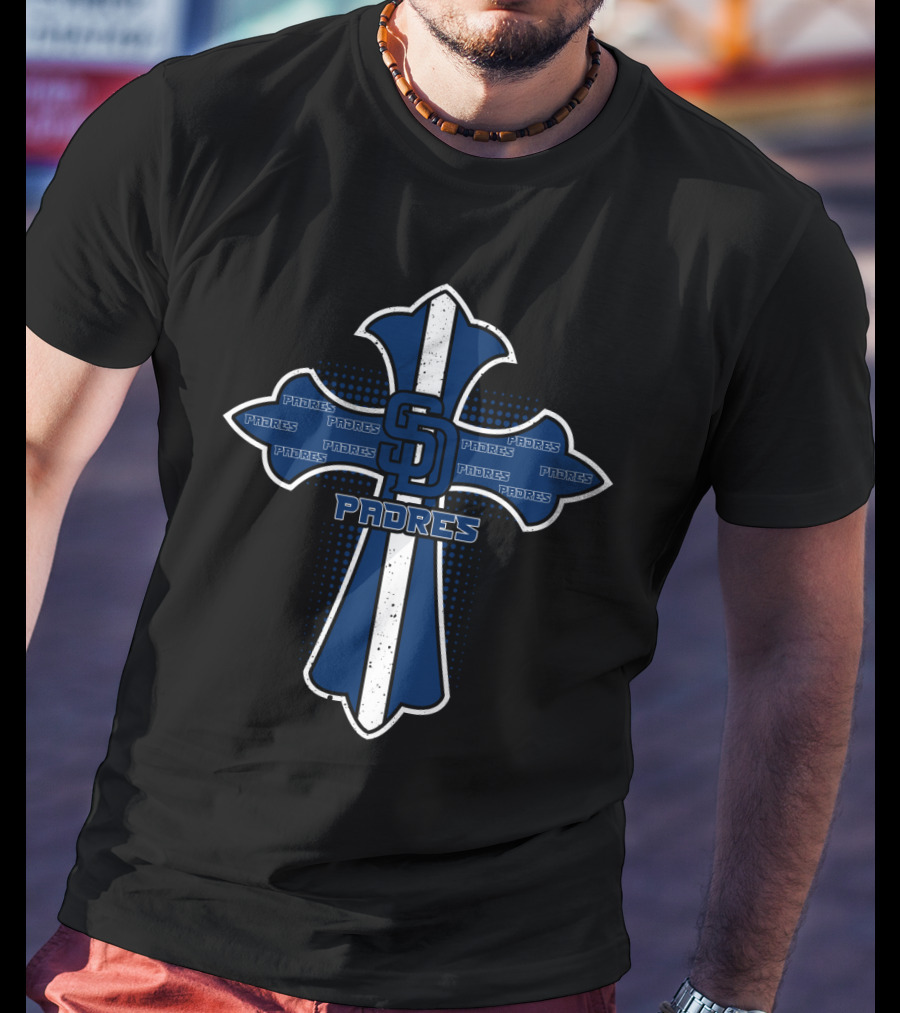 SD Padres Cross With Blue Padres Text T-Shirt