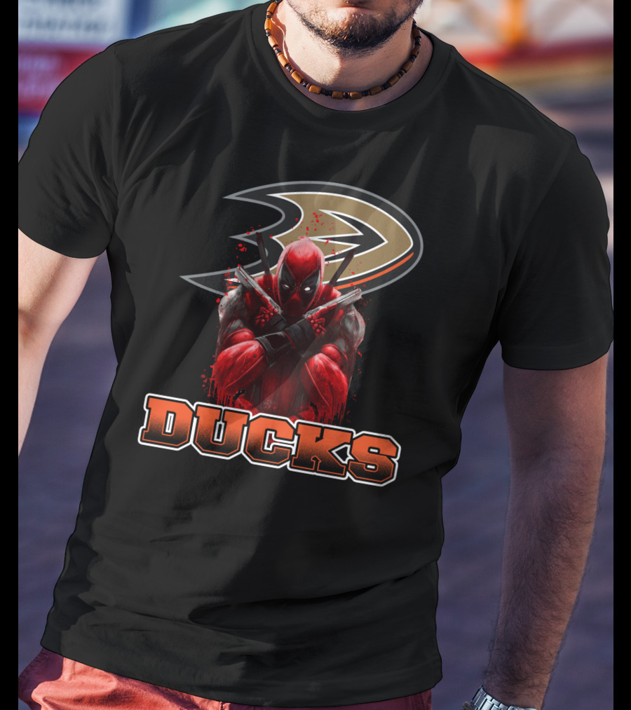 Anaheim Ducks And Deadpool Mashup Featuring Iconic Logo And Comic Character T-Shirt