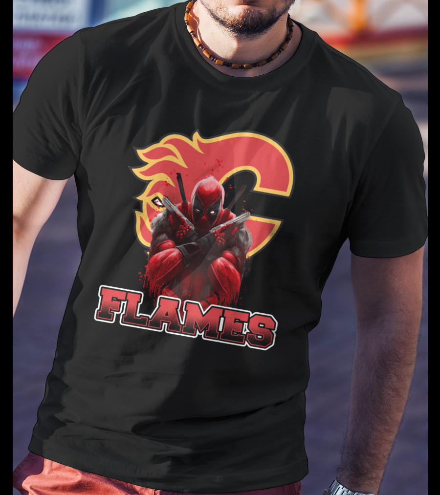 Calgary Flames Crossover With Deadpool Character Fan T-Shirt