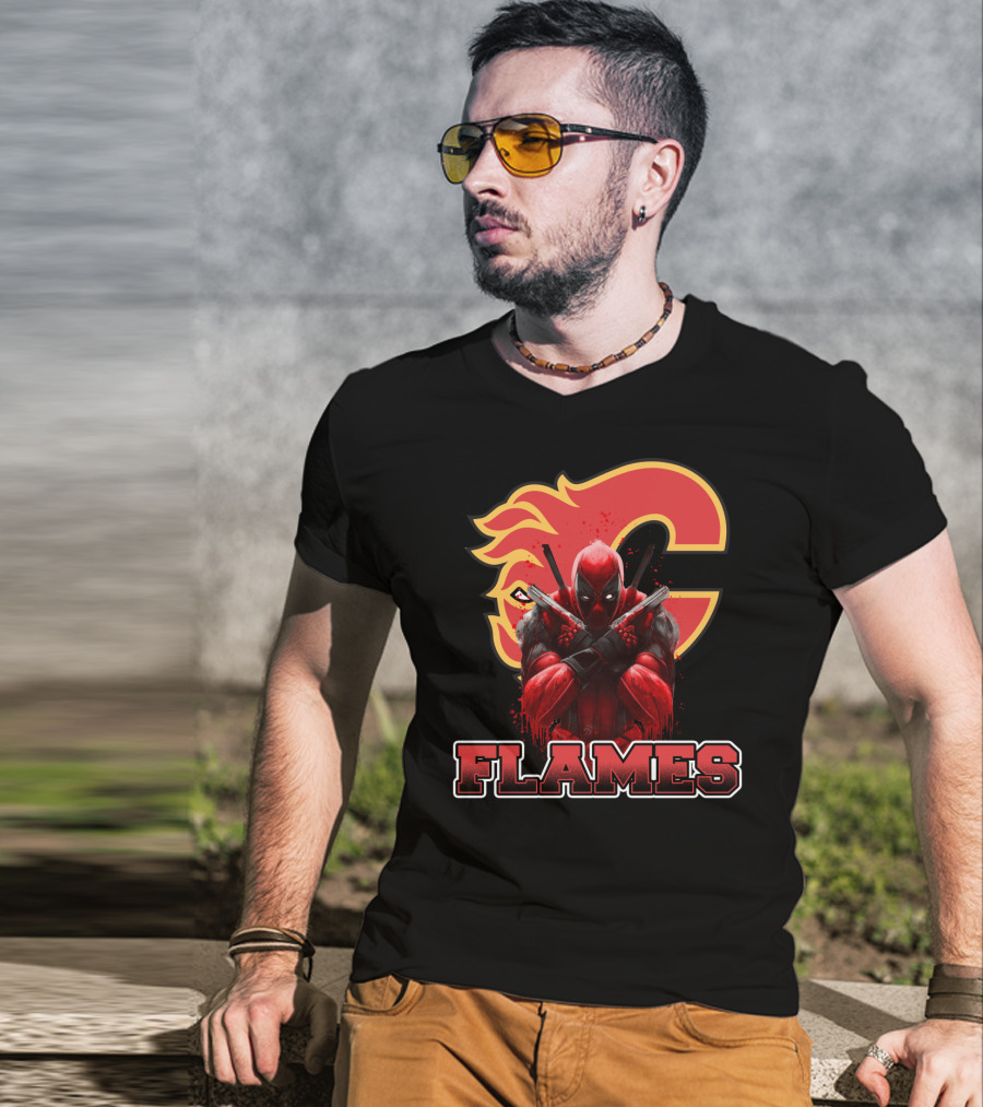 Calgary Flames Crossover With Deadpool Character Fan T-Shirt
