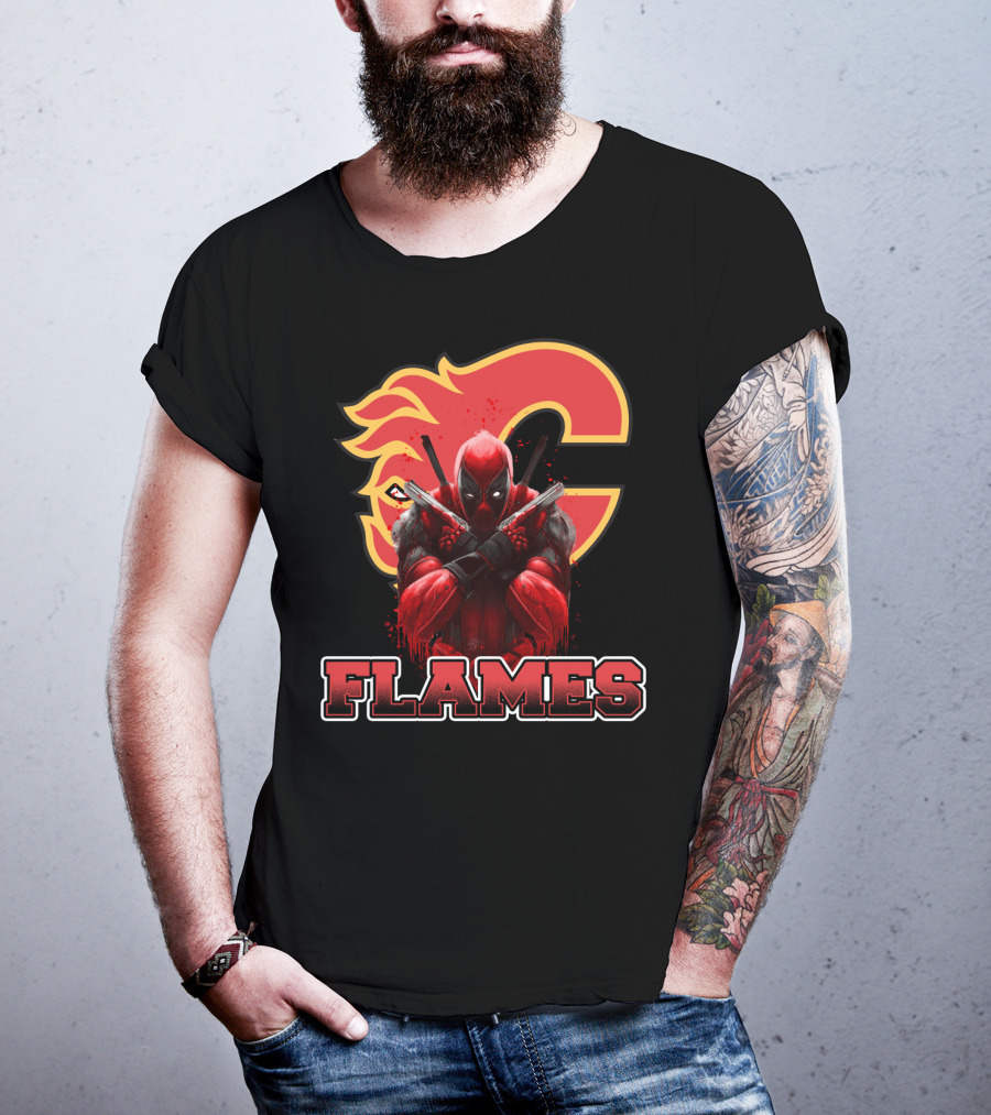 Calgary Flames Crossover With Deadpool Character Fan T-Shirt