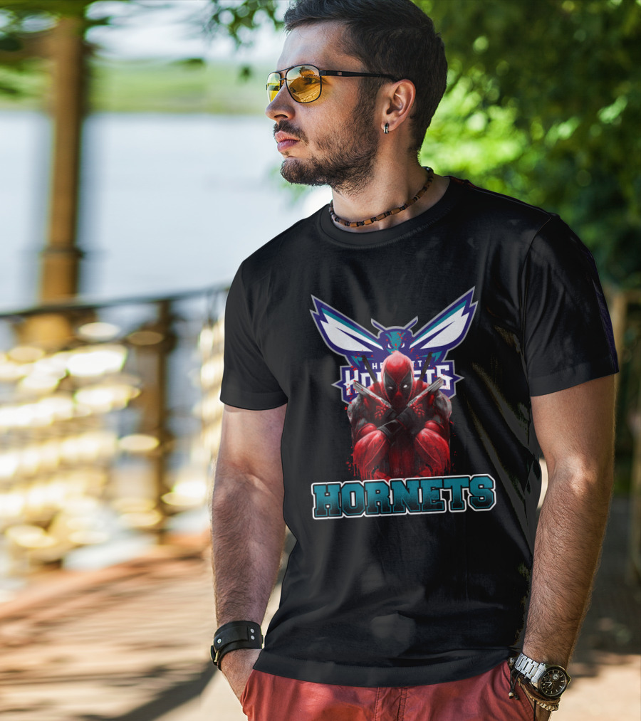 Charlotte Hornets Deadpool Crossover Fan Art Displaying Iconic Marvel Antihero With NBA Team T-Shirt