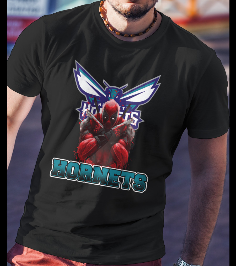 Charlotte Hornets Deadpool Crossover Fan Art Displaying Iconic Marvel Antihero With NBA Team T-Shirt