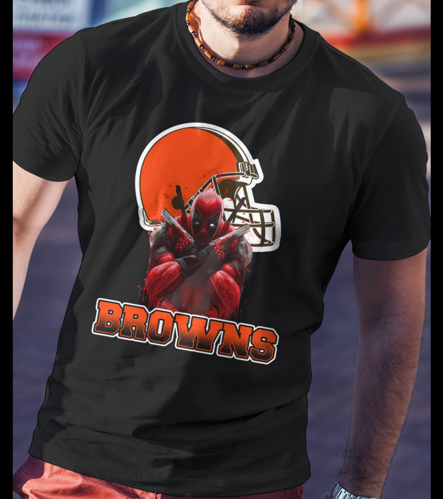 Cleveland Browns And Deadpool Crossover With Iconic Helmet And Character T-Shirt