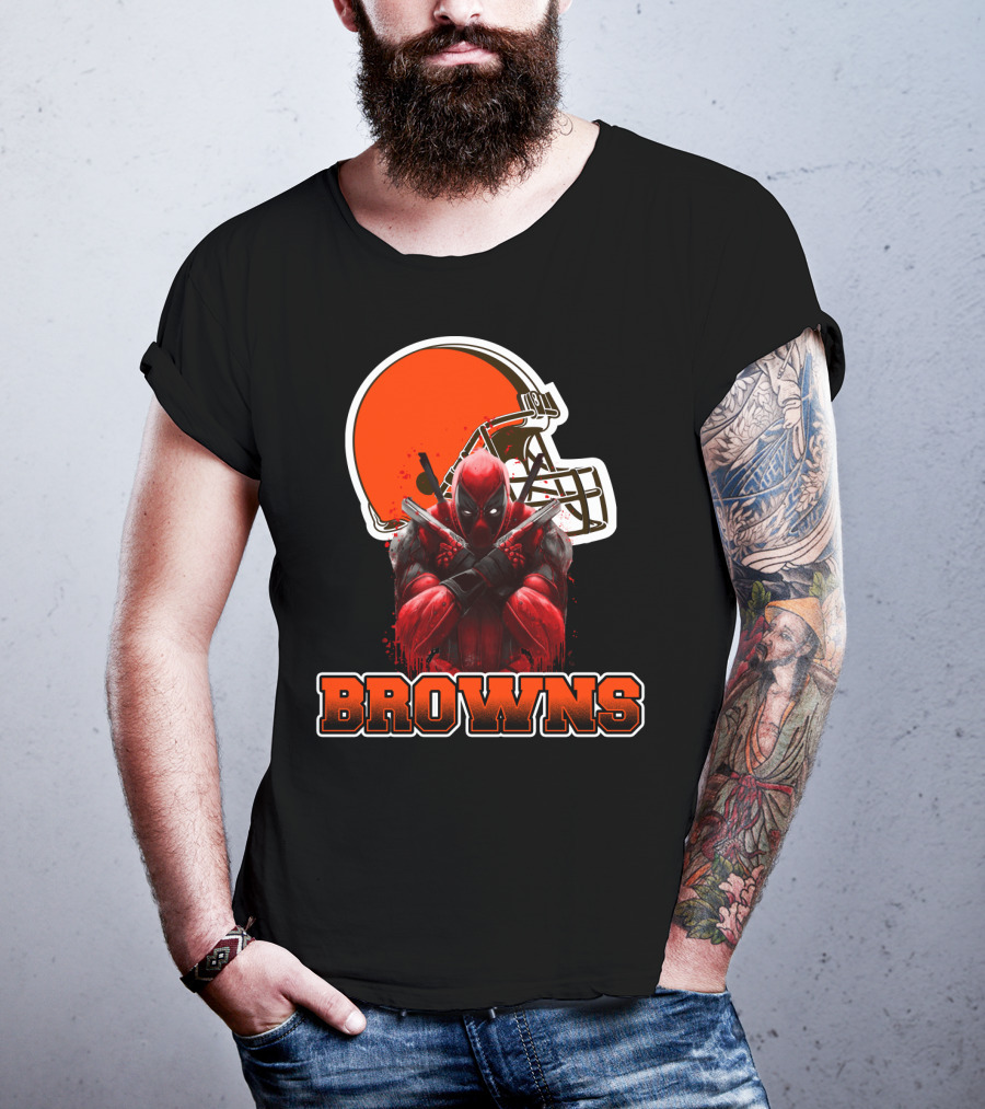 Cleveland Browns And Deadpool Crossover With Iconic Helmet And Character T-Shirt